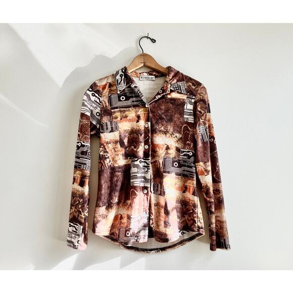 Vintage 90s Bebe Velour Cyber Grunge Top | Bronze Circuit Print | XS/S - Picture 2 of 8